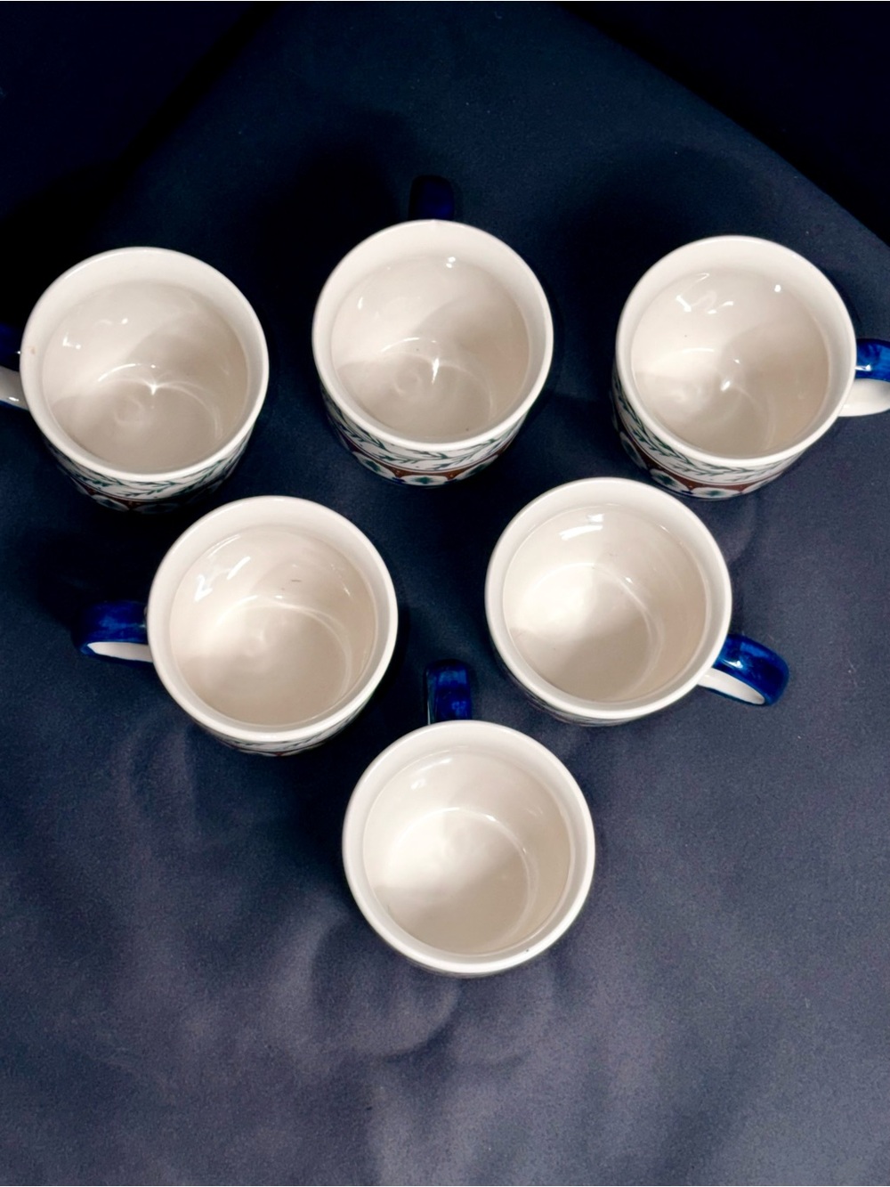 Polish Pottery Mugs set of 6 with Blue Handles and Festive Tree Pattern - Picture 3 of 10